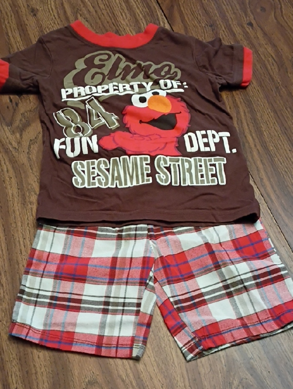 🚦Sesame Street Elmo Brown and Red Plaid Kids Shorts 3T 2012 Set
